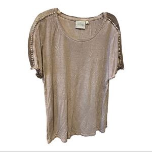 Danielle Sz XL pastel mauve short sleeved shirt w/ mesh and lace over shoulders